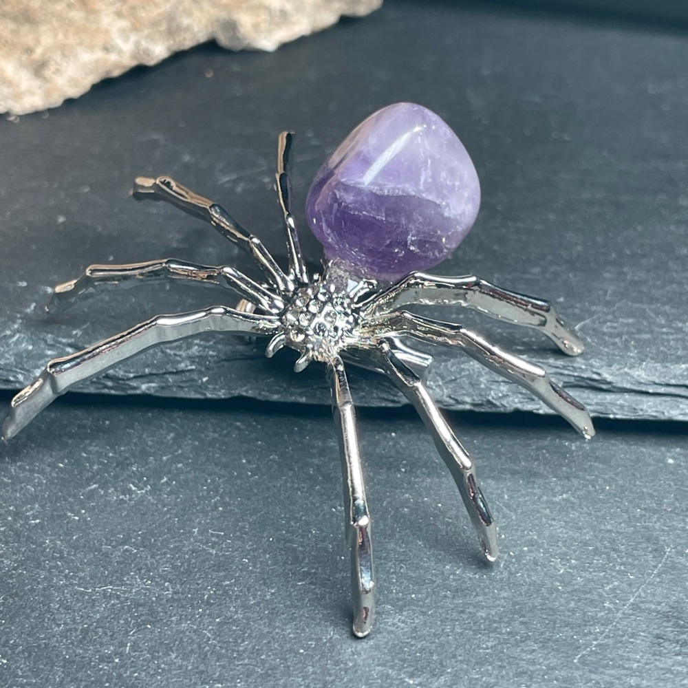 Amethyst Crystal Stone Silver Spider Brooch Artisan Made - Picture 5 of 10